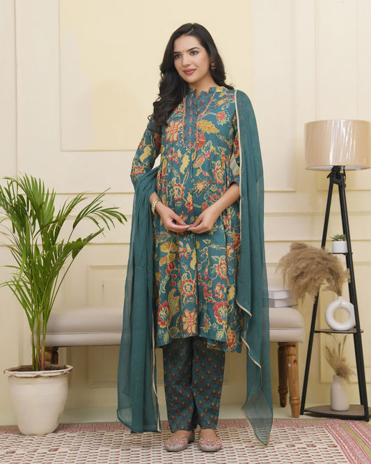 Vaasva Women Dark Sea Cotton Gathered Kurta With Cotton Pant & Dupatta | Swadesiicart