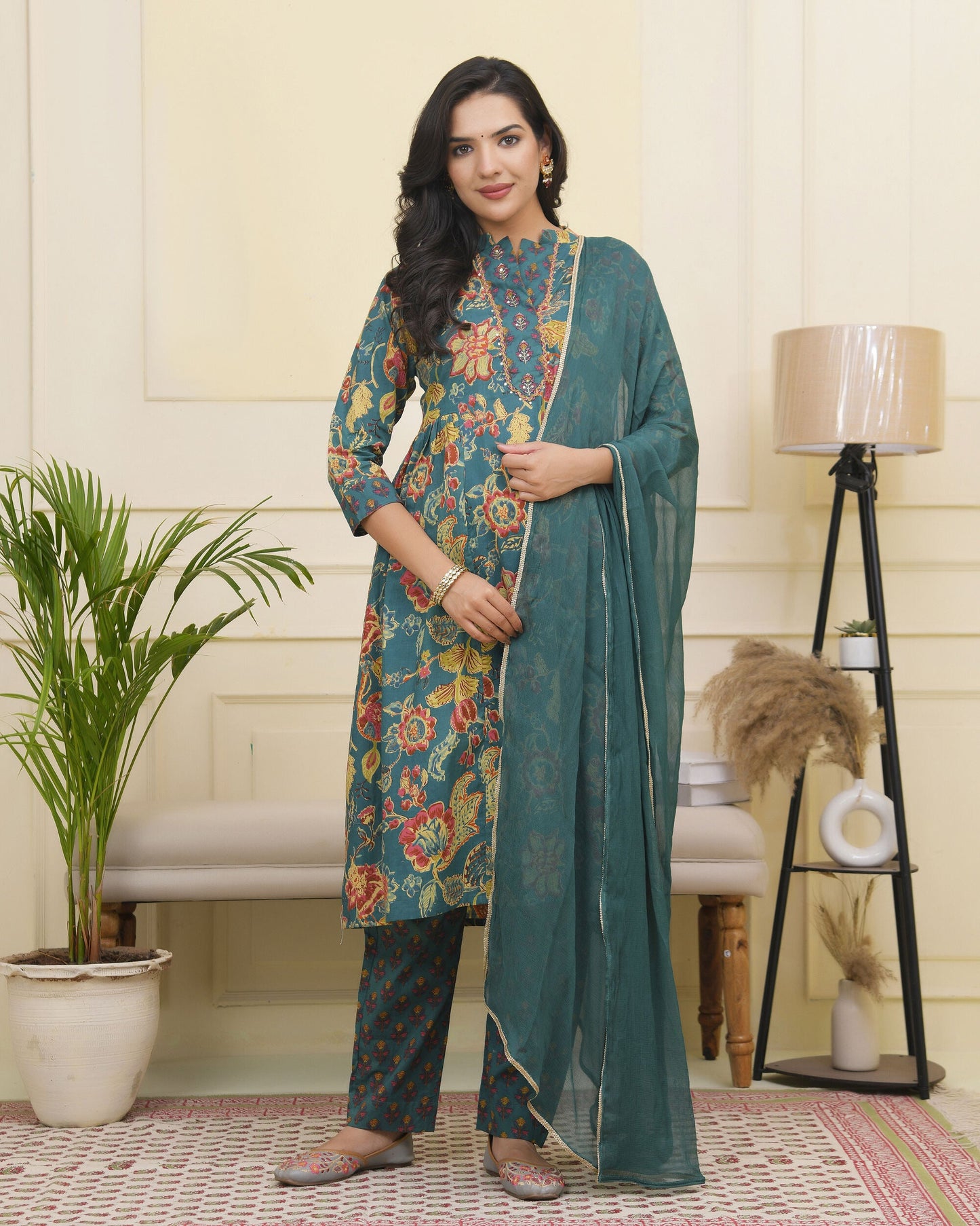 Vaasva Women Dark Sea Cotton Gathered Kurta With Cotton Pant & Dupatta | Swadesiicart