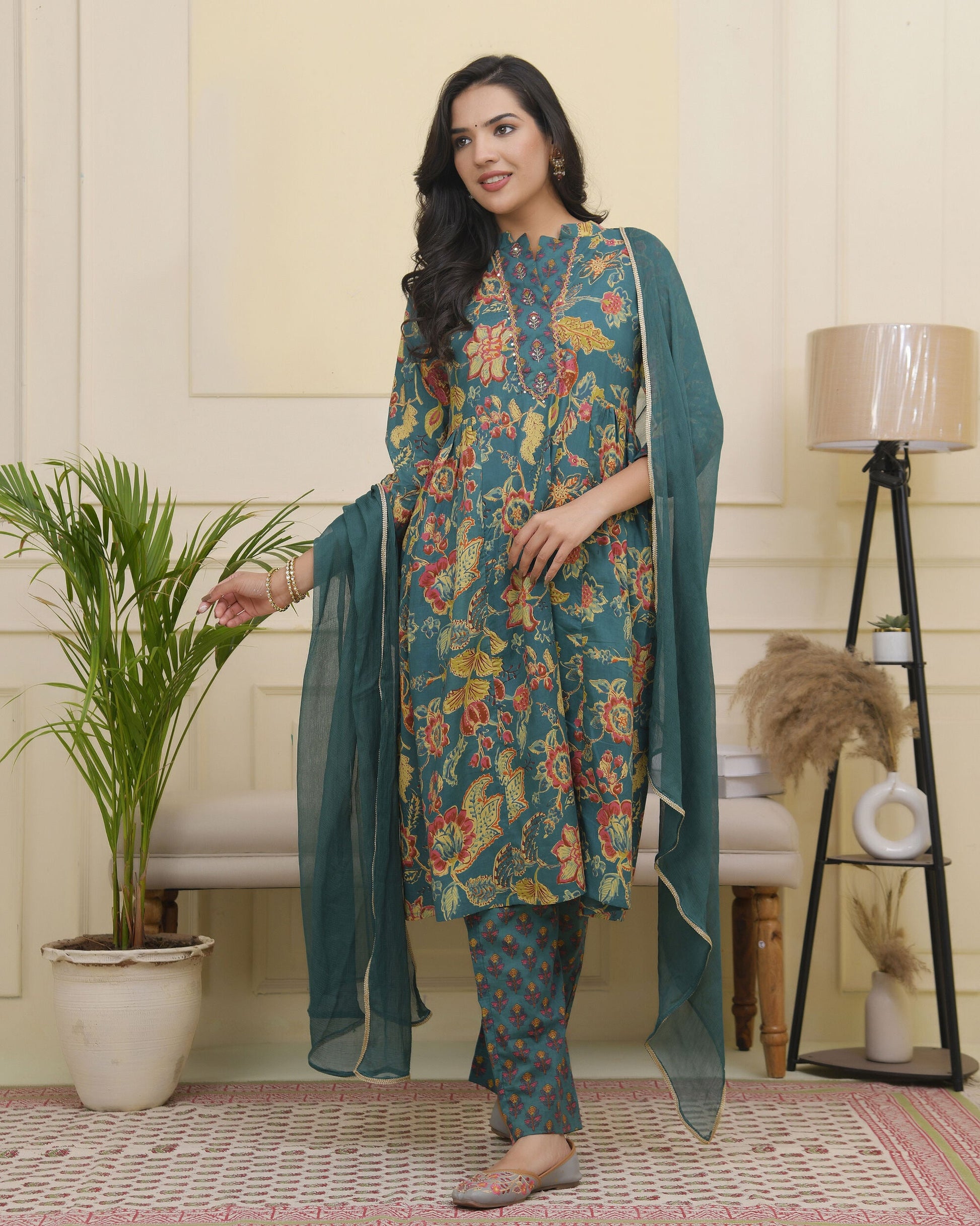 Vaasva Women Dark Sea Cotton Gathered Kurta With Cotton Pant & Dupatta | Swadesiicart