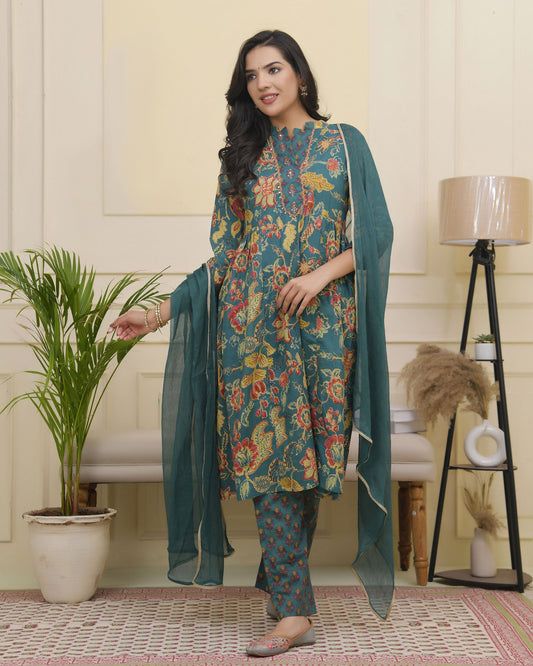 Vaasva Women Dark Sea Cotton Gathered Kurta With Cotton Pant & Dupatta | Swadesiicart