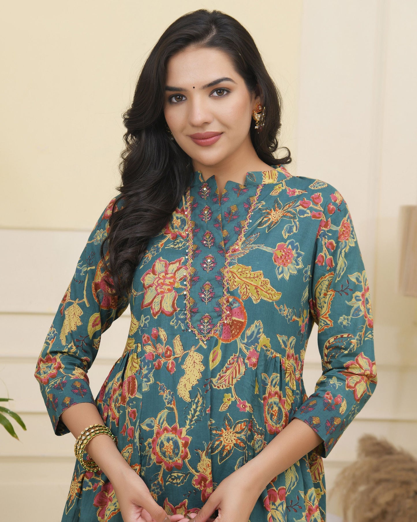 Vaasva Women Dark Sea Cotton Gathered Kurta With Cotton Pant & Dupatta | Swadesiicart
