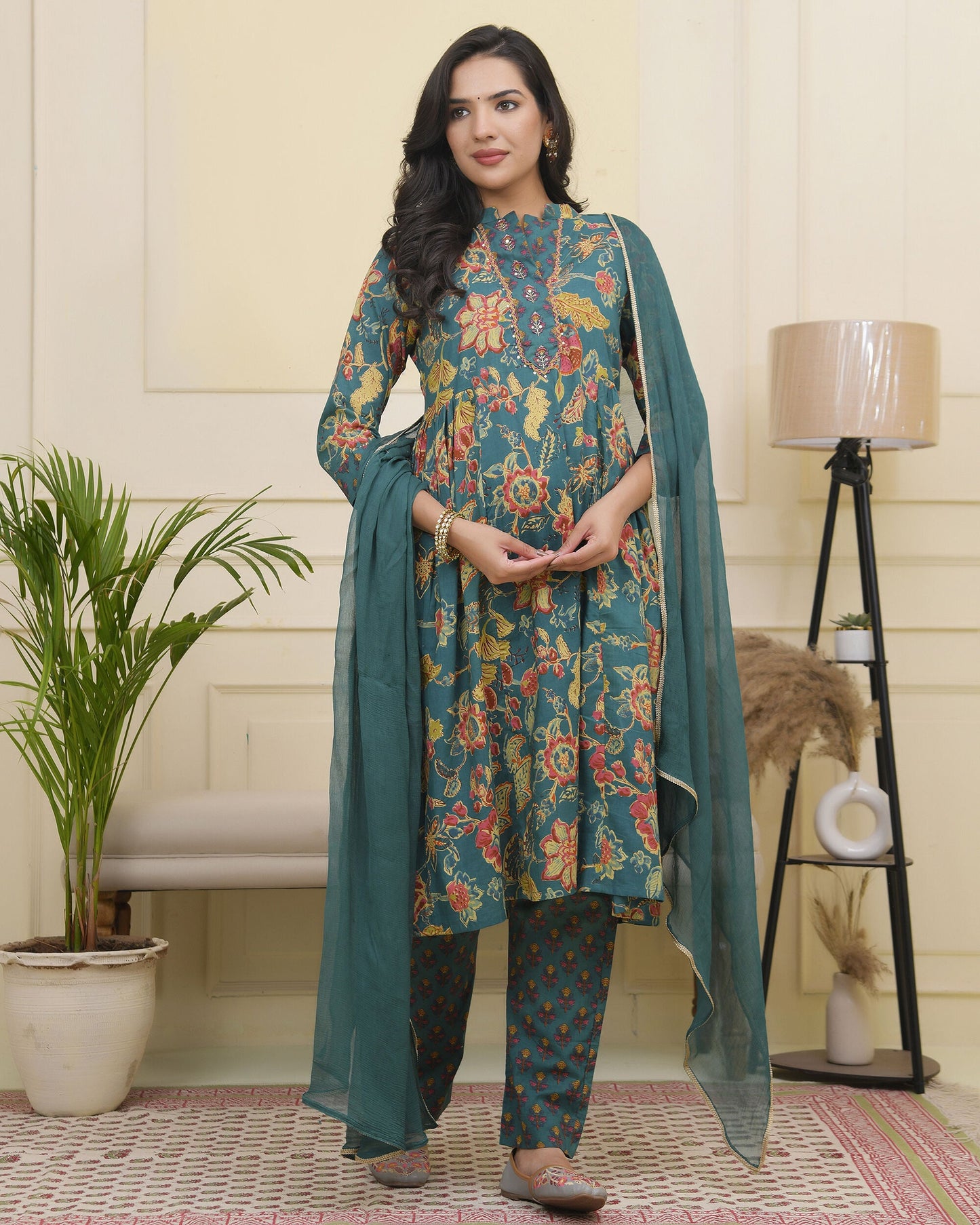 Vaasva Women Dark Sea Cotton Gathered Kurta With Cotton Pant & Dupatta | Swadesiicart