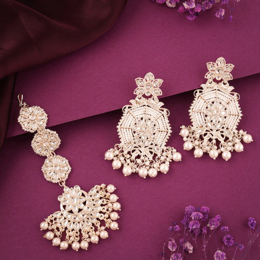 Tehzeeb Creations Fashionable Gold Earrings And Tikka Studded With Kundan And Pearl | Swadesiicart