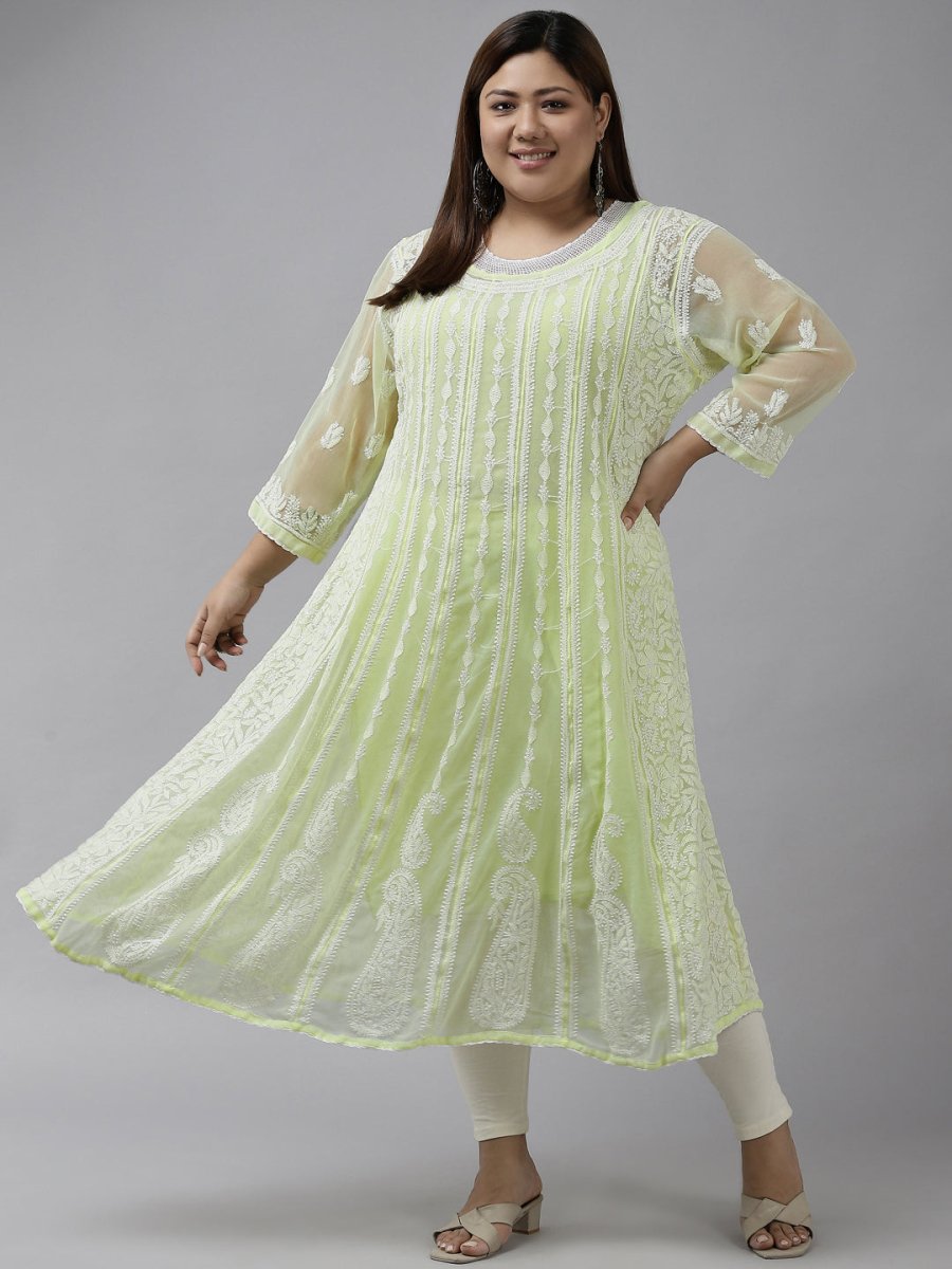 ADA Women Lime Green & White Ethnic Motifs Plus Size Chikankari Georgette Anarkali Kurta | Swadesiicart