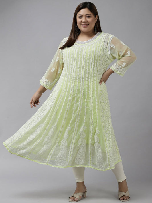 ADA Women Lime Green & White Ethnic Motifs Plus Size Chikankari Georgette Anarkali Kurta | Swadesiicart