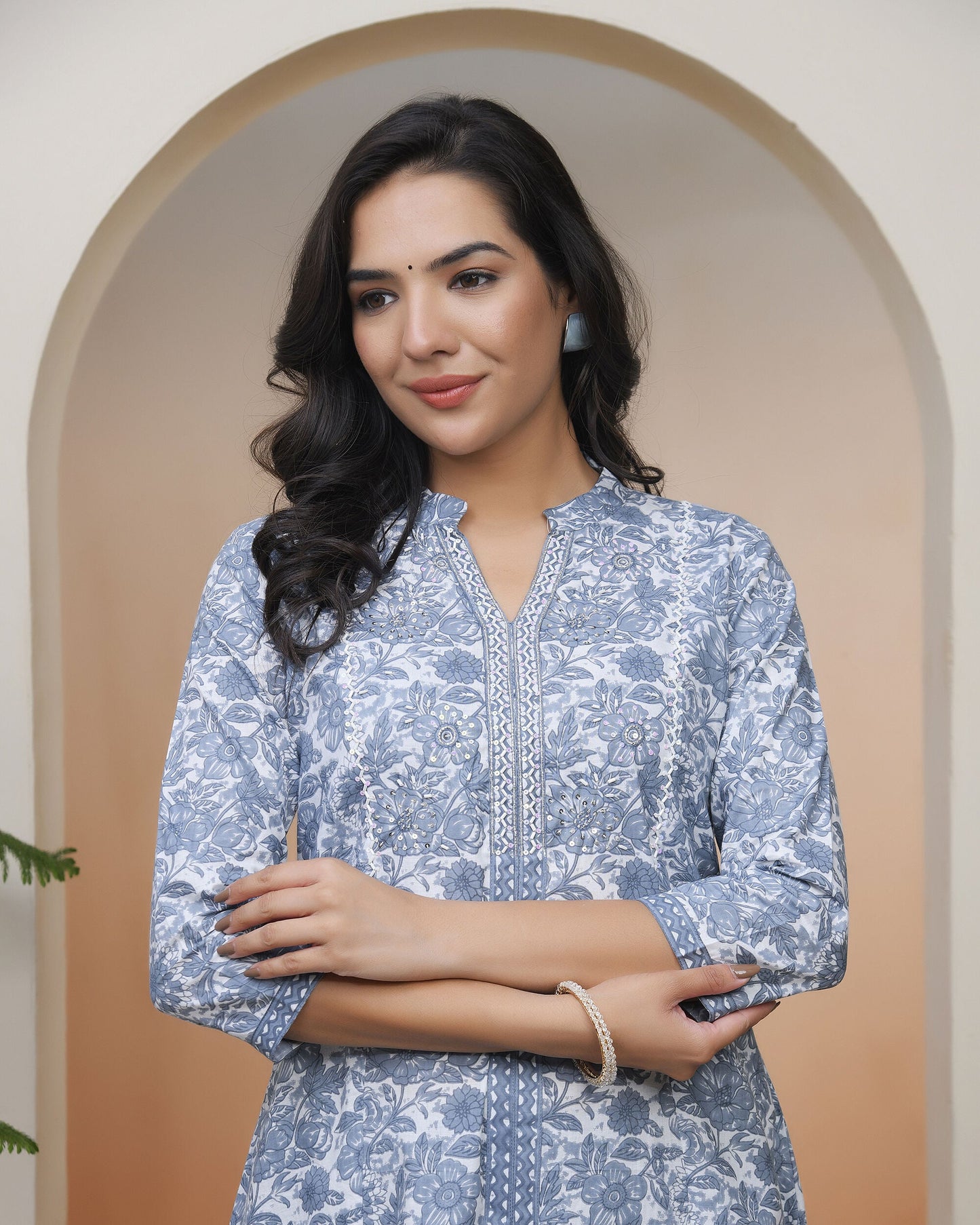 Vaasva Women Grey Panel Kurta With Cotton Pant & Dupatta | Swadesiicart