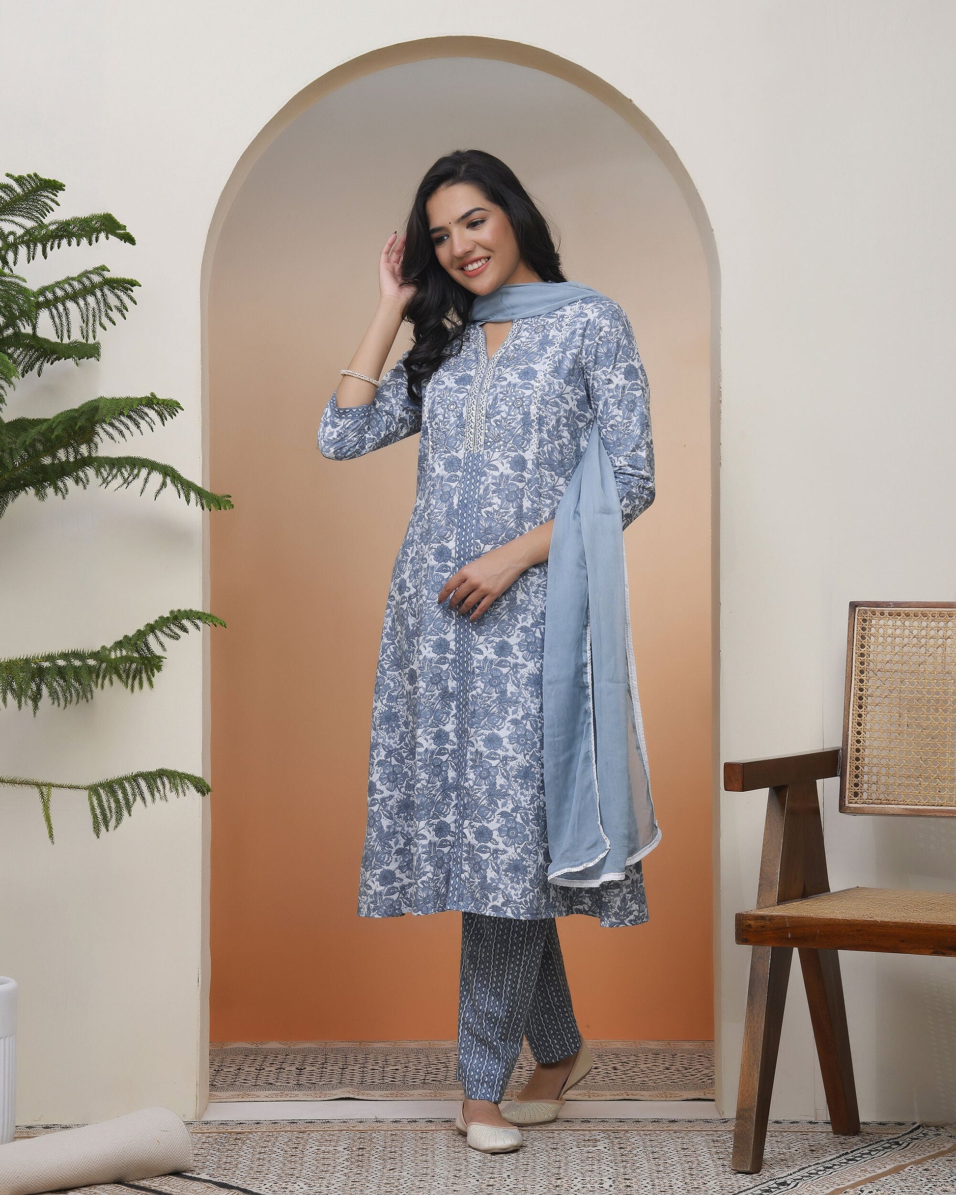Vaasva Women Grey Panel Kurta With Cotton Pant & Dupatta | Swadesiicart