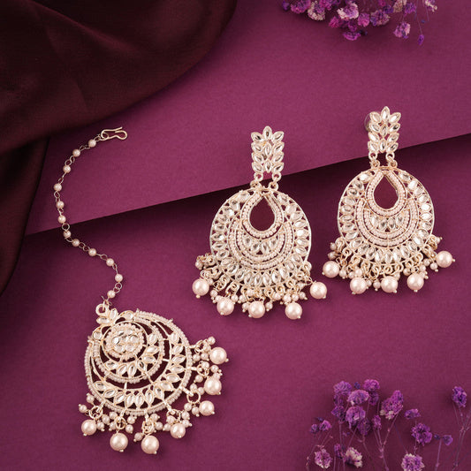 Tehzeeb Creations Pack of 1 Gold Drop & Danglers Earring With Tikka For Women & Girls Diamond, Pearl Brass Drops & Danglers - Swadesiicart
