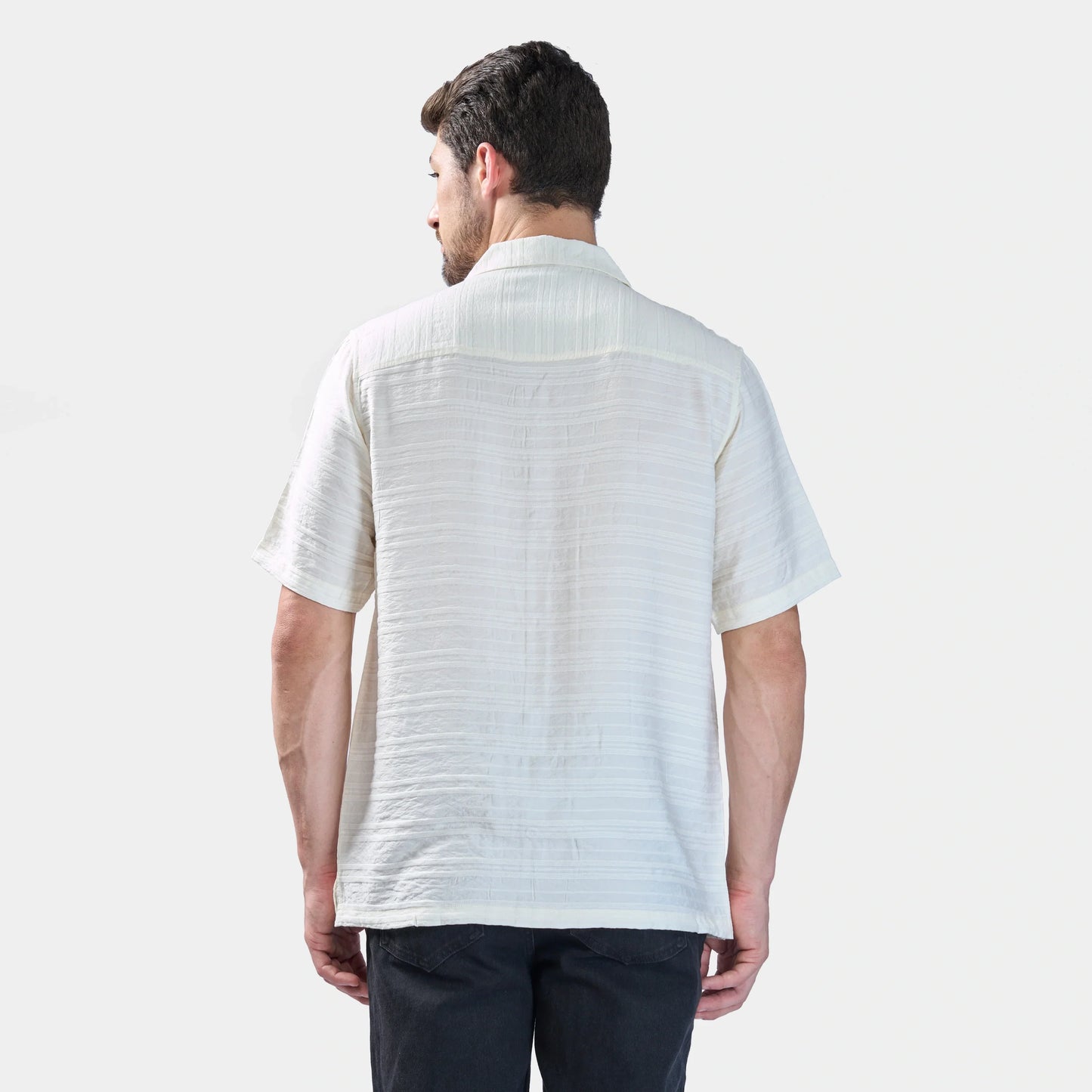 Xkind White Horizontal Pleated Stripes Relaxed Fit Shirt | Swadesiicart