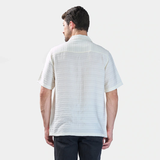 Xkind White Horizontal Pleated Stripes Relaxed Fit Shirt | Swadesiicart