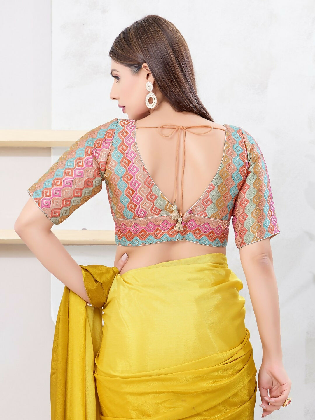 Joban Fashion Peach Brocade Elbow Sleeveless Back Open Blouse - Swadesiicart