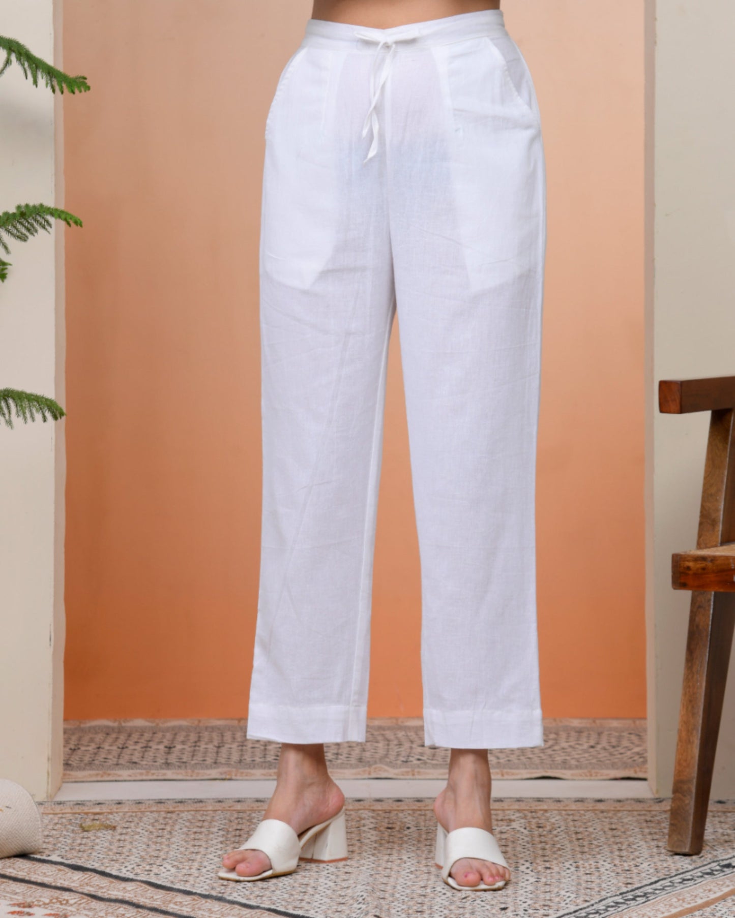 Vaasva Women Whitel Cotton Flax Solid Straight Pants | Swadesiicart