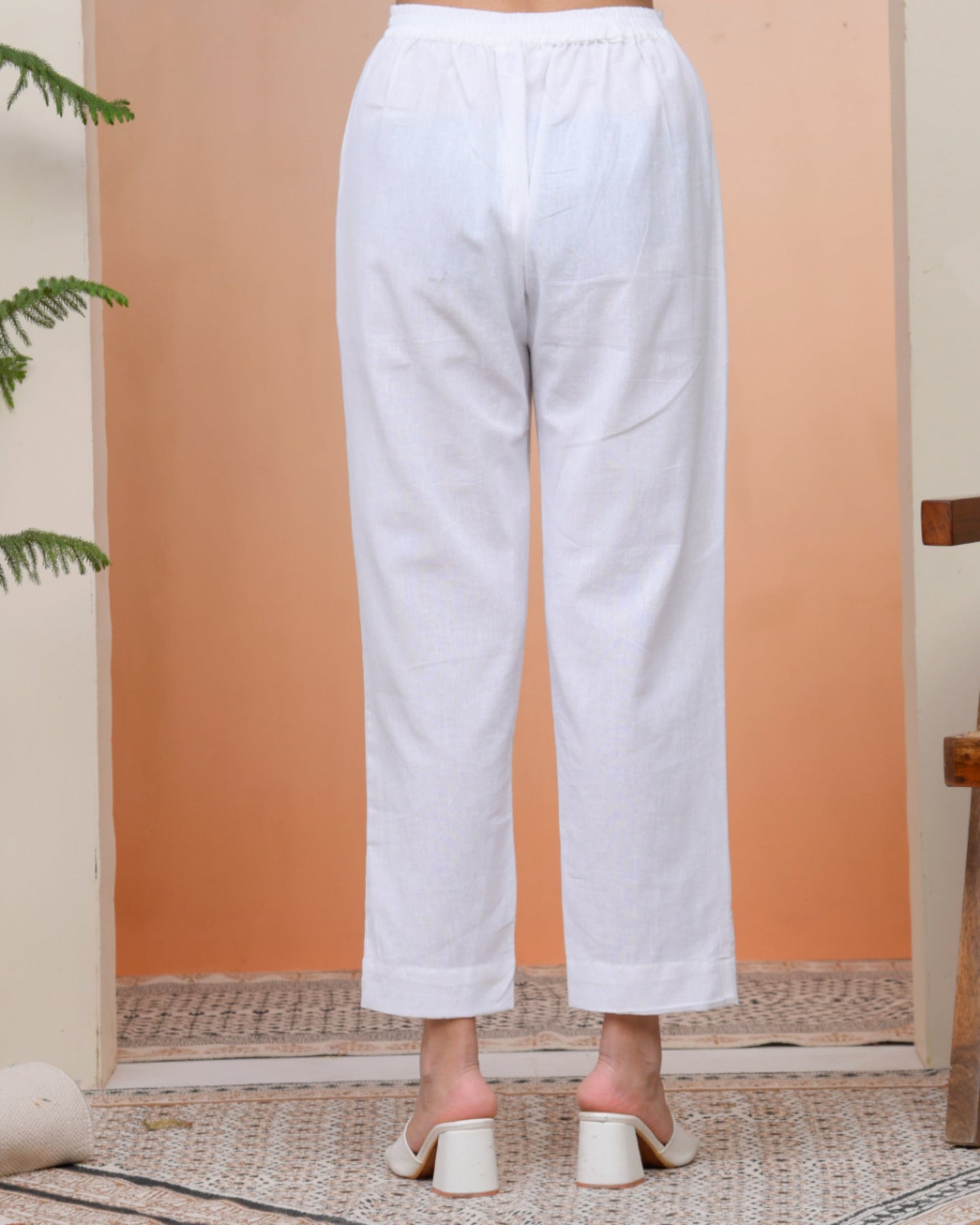 Vaasva Women Whitel Cotton Flax Solid Straight Pants | Swadesiicart