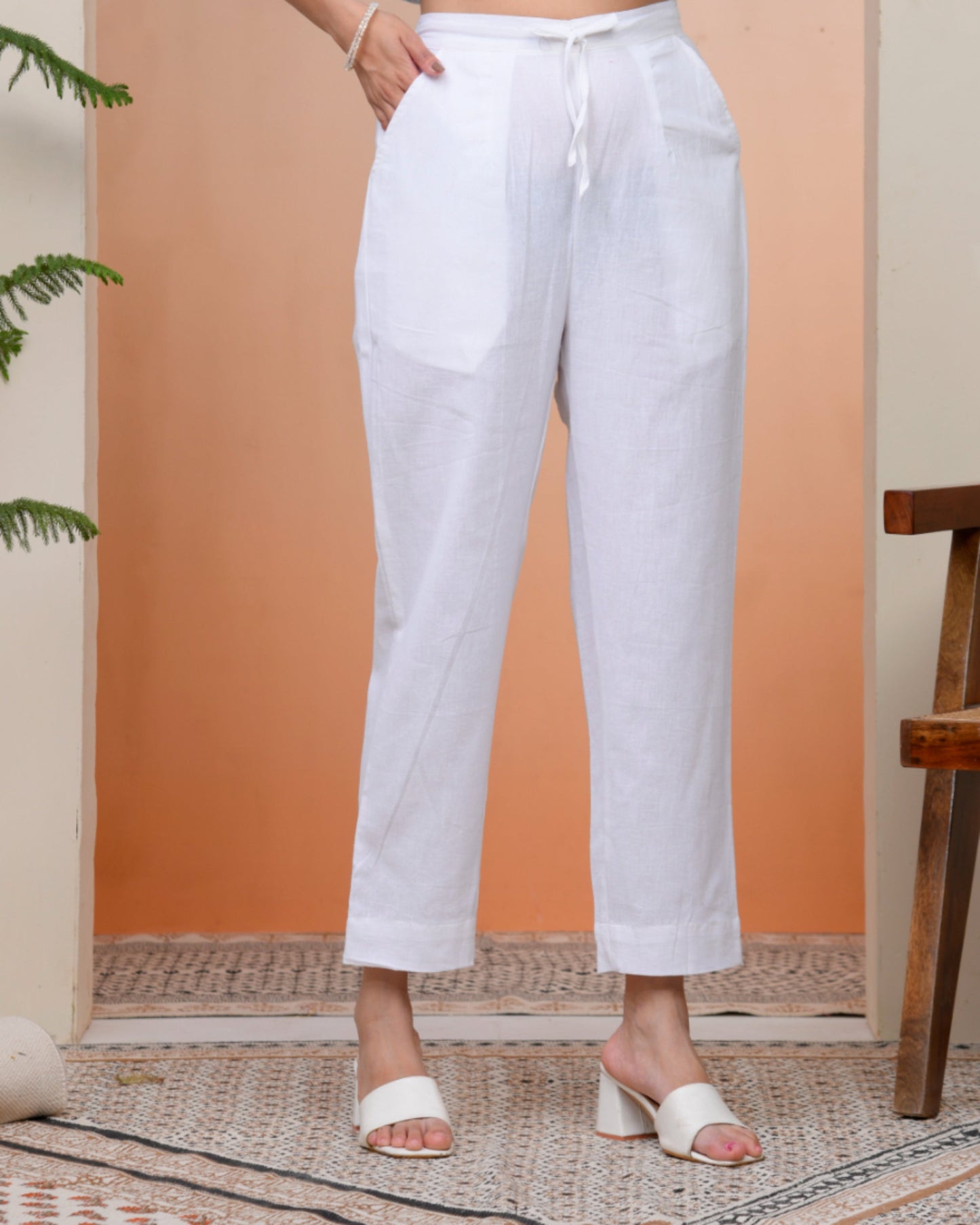 Vaasva Women Whitel Cotton Flax Solid Straight Pants | Swadesiicart