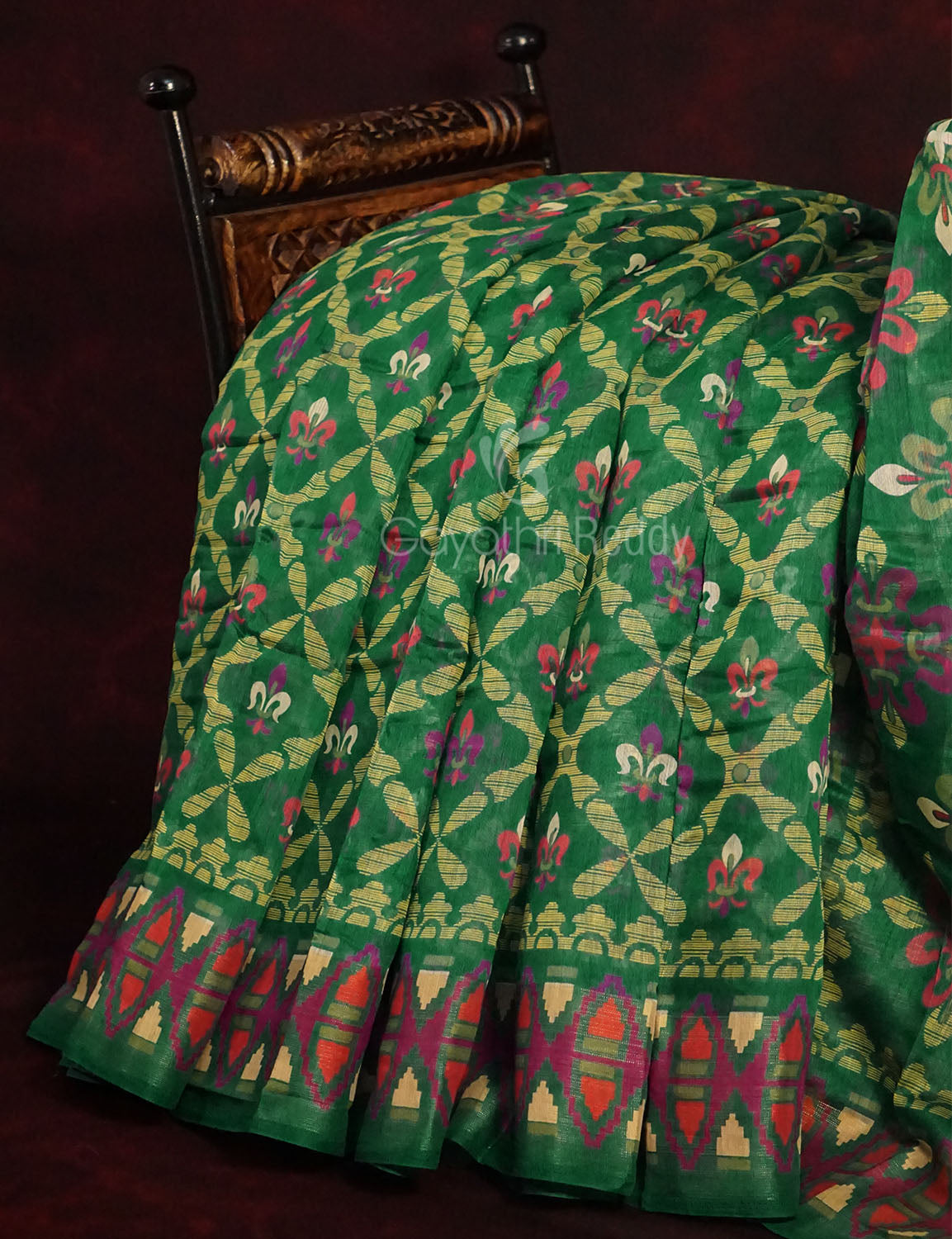 Dark Leaf Colored All Over Printed Semi Chanderi Saree By Gayathri Reddy Designer Studio | Swadesiicart