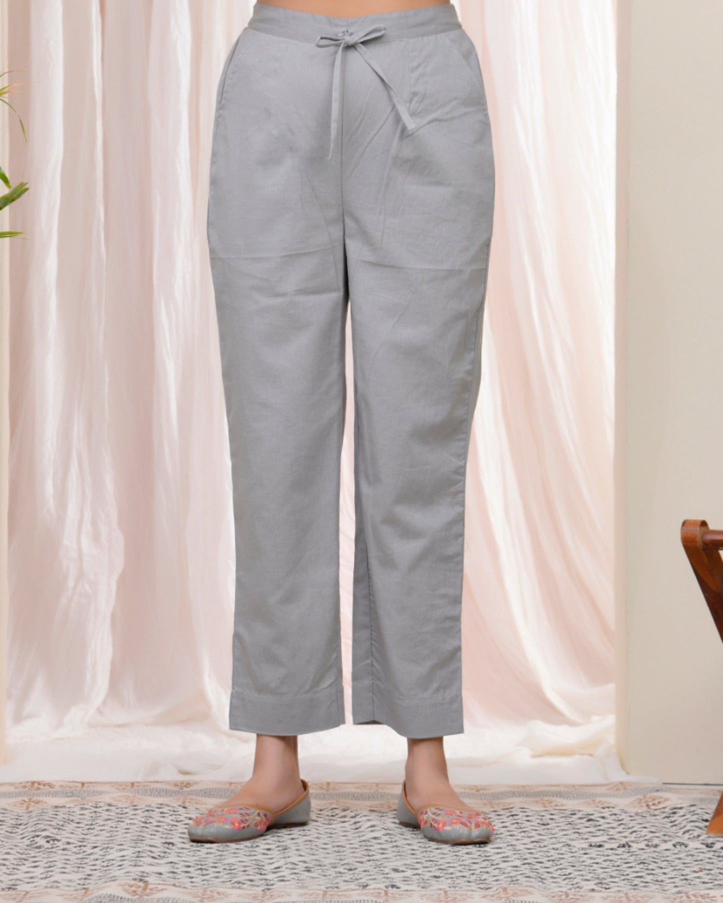 Vaasva Women Grey Cotton Flax Solid Straight Pants | Swadesiicart