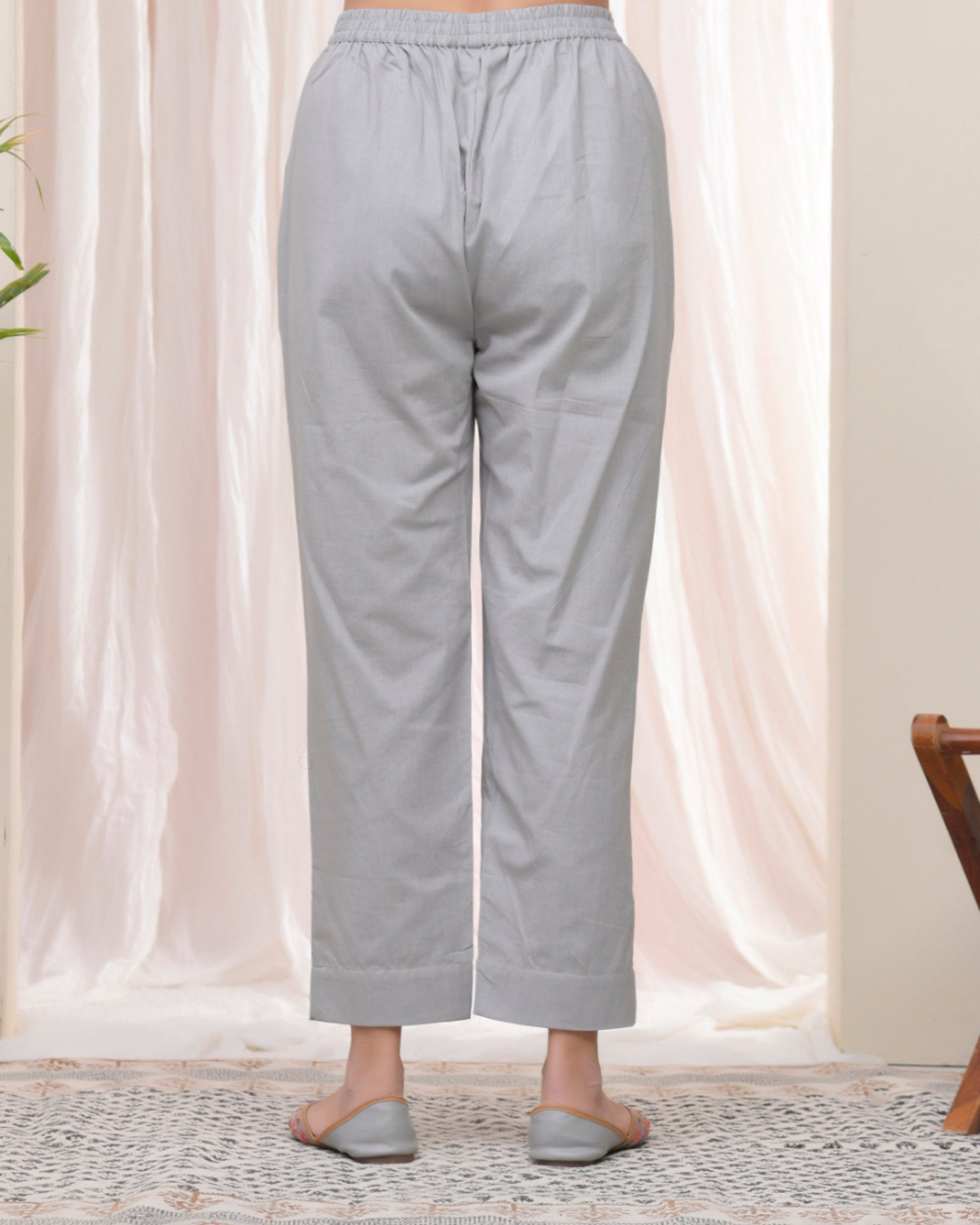 Vaasva Women Grey Cotton Flax Solid Straight Pants | Swadesiicart