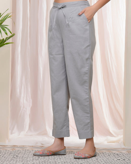 Vaasva Women Grey Cotton Flax Solid Straight Pants | Swadesiicart