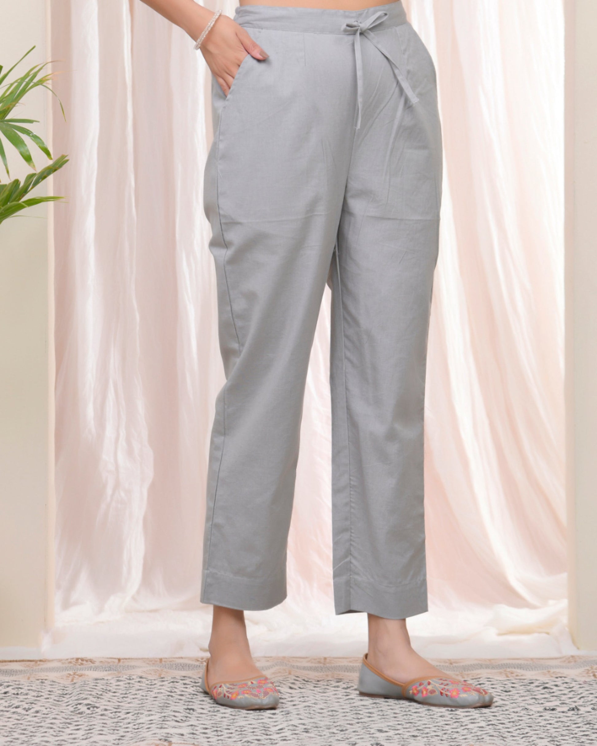 Vaasva Women Grey Cotton Flax Solid Straight Pants | Swadesiicart