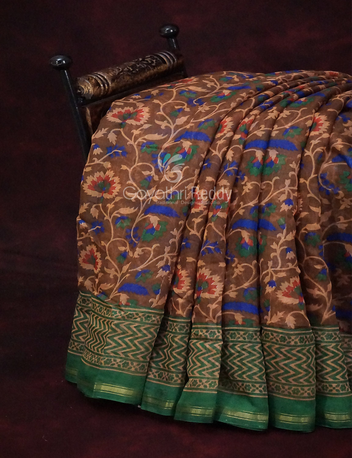 Shades of Dark Mehndi With Leaf Green Blouse Creeper Design Semi Chanderi Saree By Gayathri Reddy Designer Studio | Swadesiicart