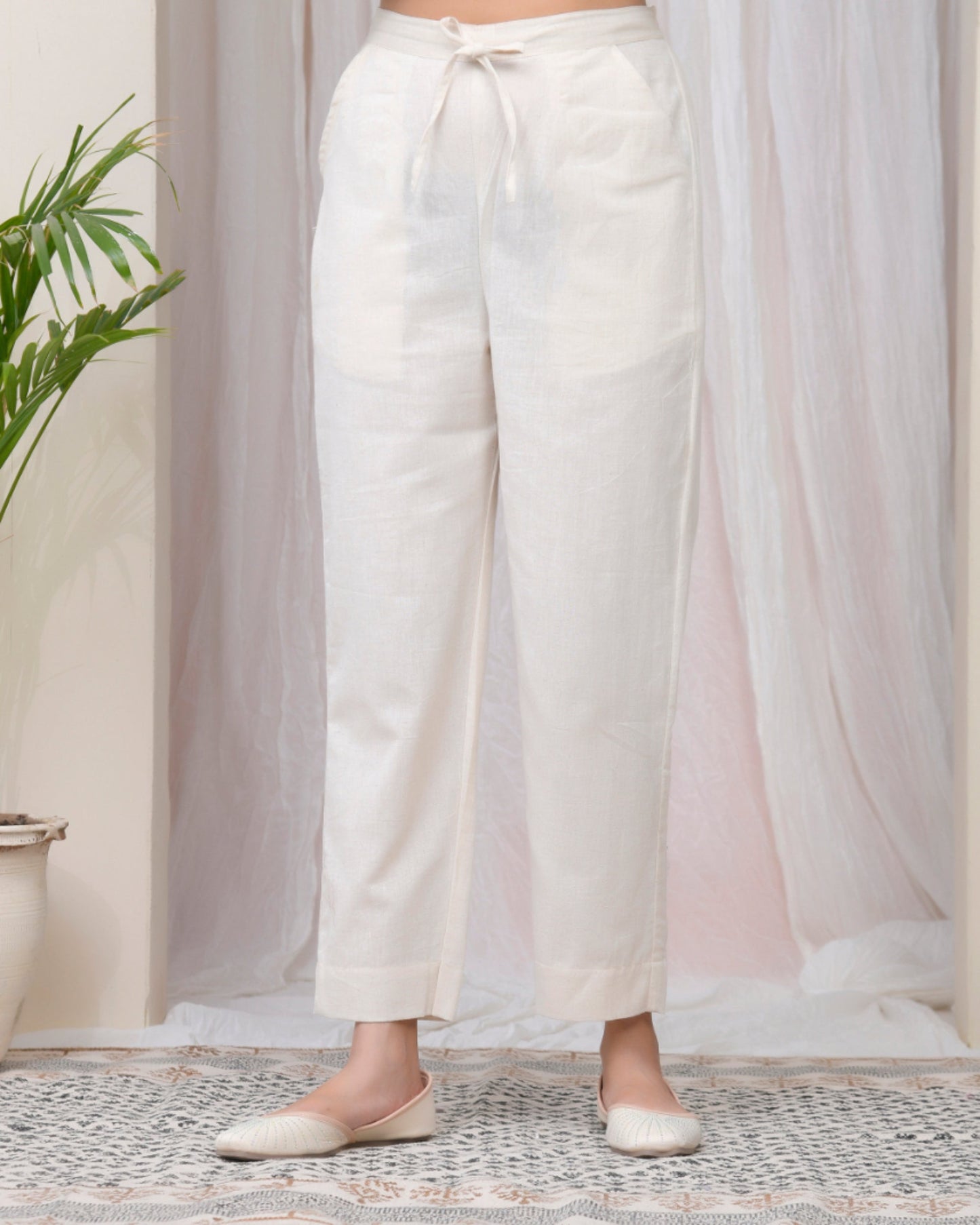 Vaasva Women Natural Cotton Flax Solid Straight Pants | Swadesiicart