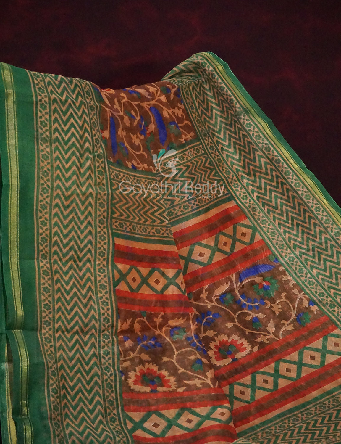 Shades of Dark Mehndi With Leaf Green Blouse Creeper Design Semi Chanderi Saree By Gayathri Reddy Designer Studio | Swadesiicart