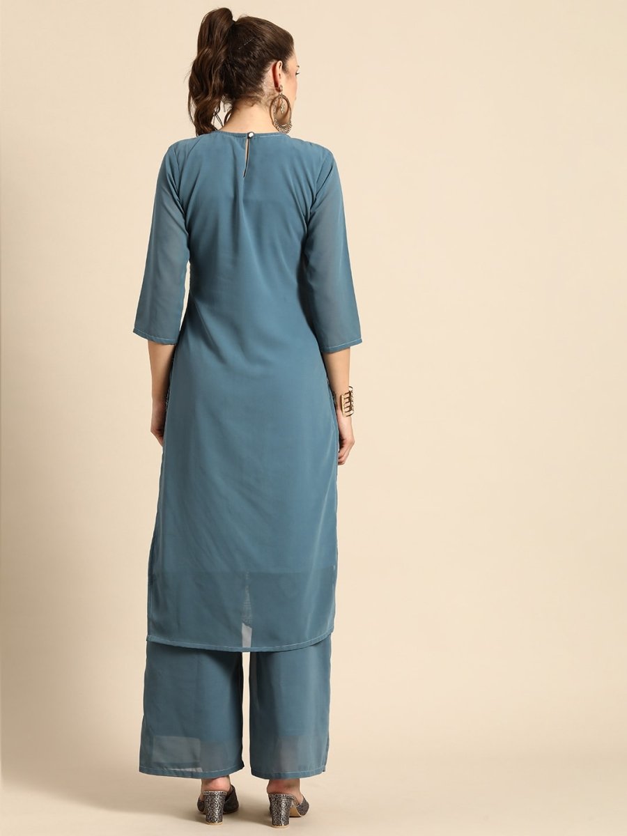 All About You Women Grey Ethnic Motifs Embroidered Regular Chikankari Kurta with Palazzos | Swadesiicart
