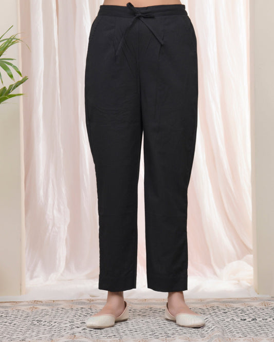 Vaasva Women Black Cotton Flax Solid Straight Pants | Swadesiicart