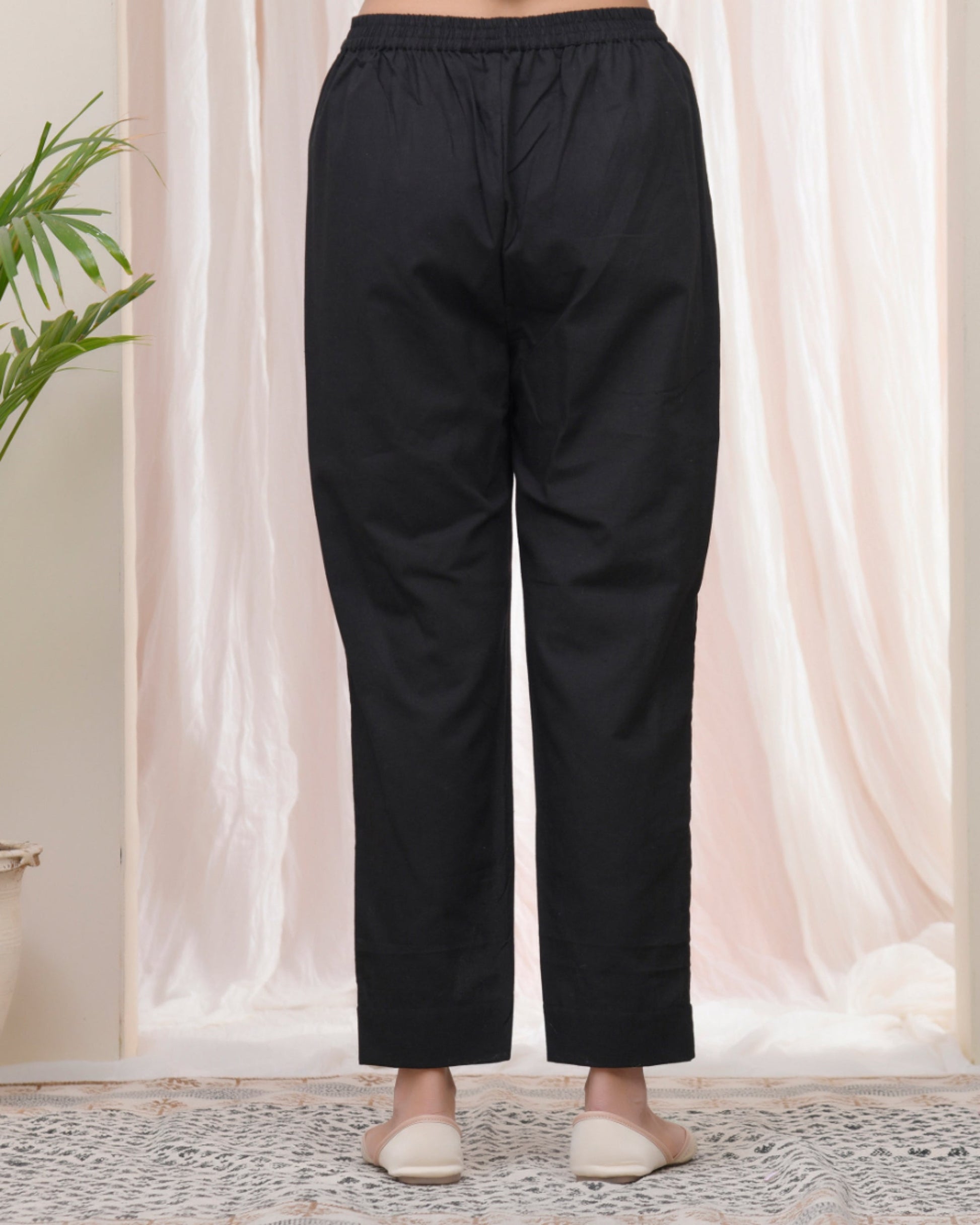 Vaasva Women Black Cotton Flax Solid Straight Pants | Swadesiicart