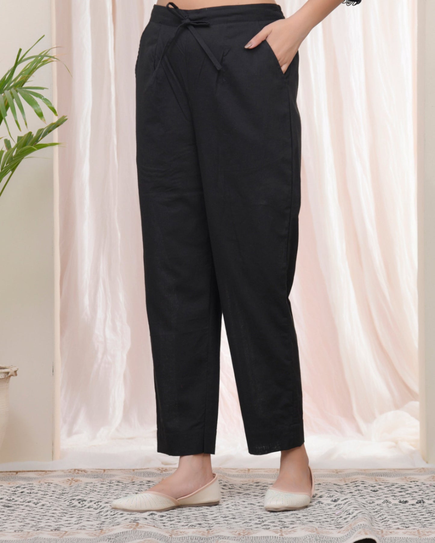 Vaasva Women Black Cotton Flax Solid Straight Pants | Swadesiicart