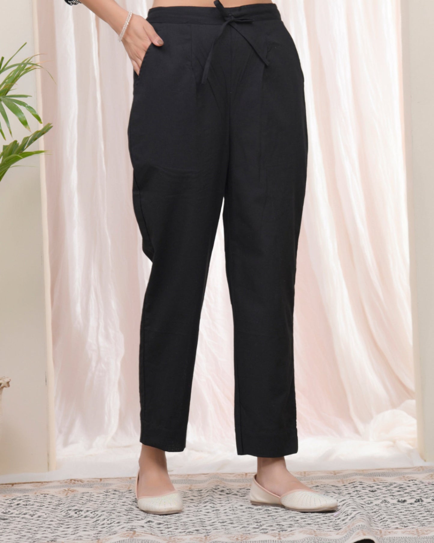 Vaasva Women Black Cotton Flax Solid Straight Pants | Swadesiicart