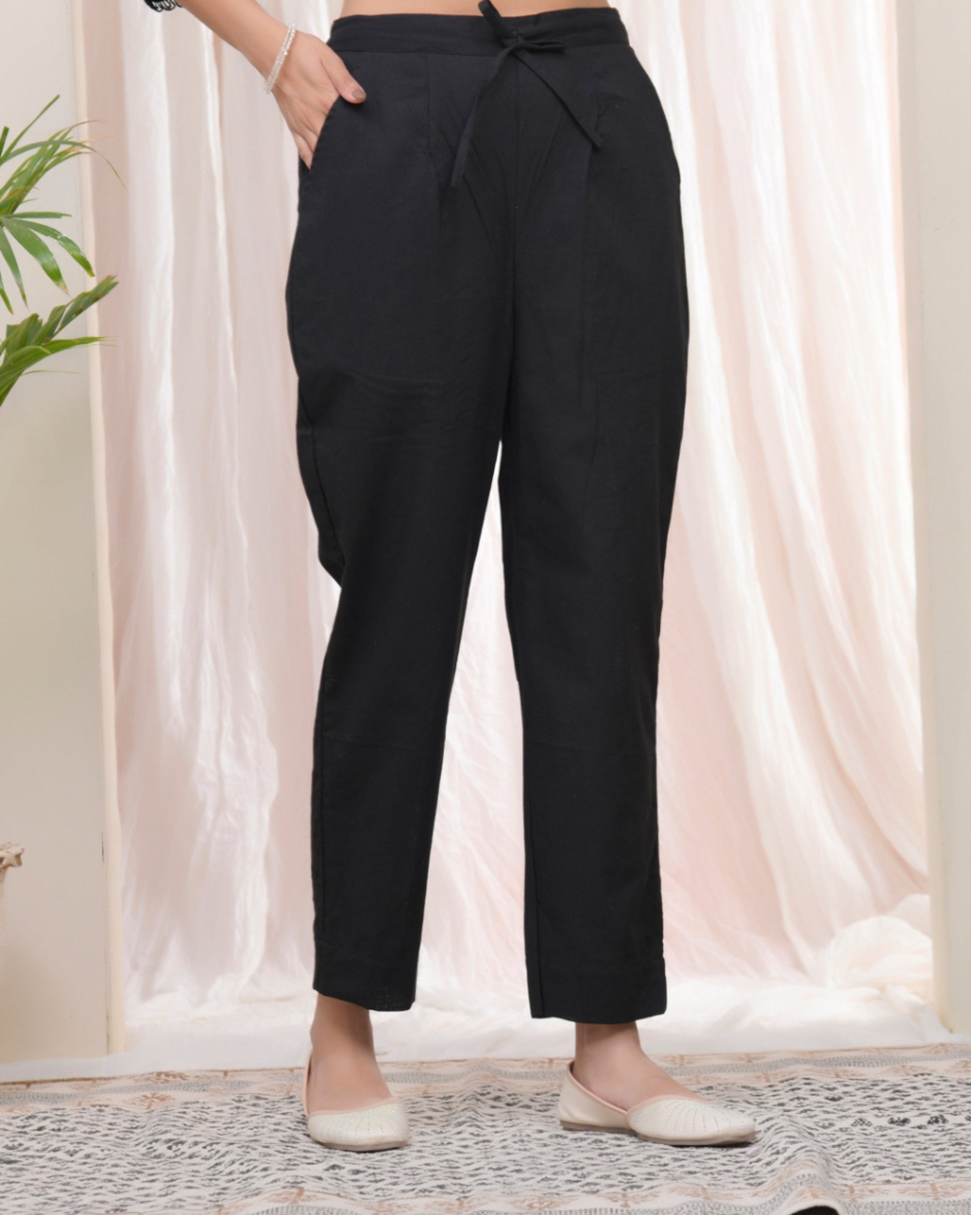 Vaasva Women Black Cotton Flax Solid Straight Pants | Swadesiicart