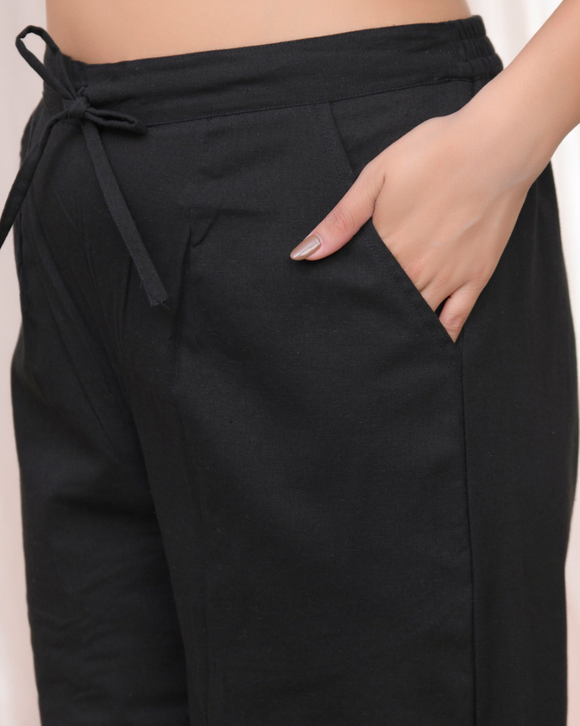Vaasva Women Black Cotton Flax Solid Straight Pants | Swadesiicart