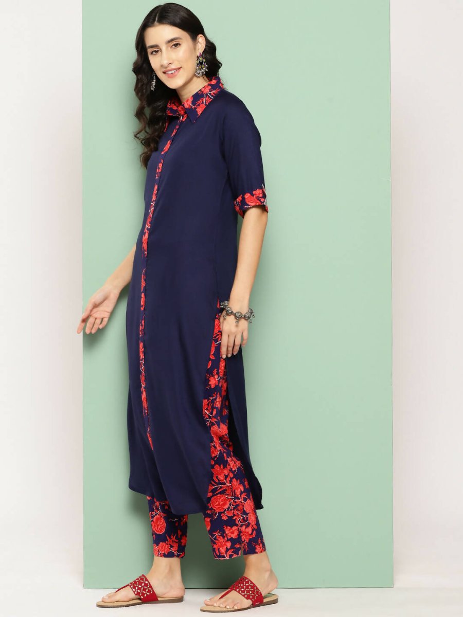 Ahalyaa Womens Kurta Set - Navy Blue | Swadesiicart