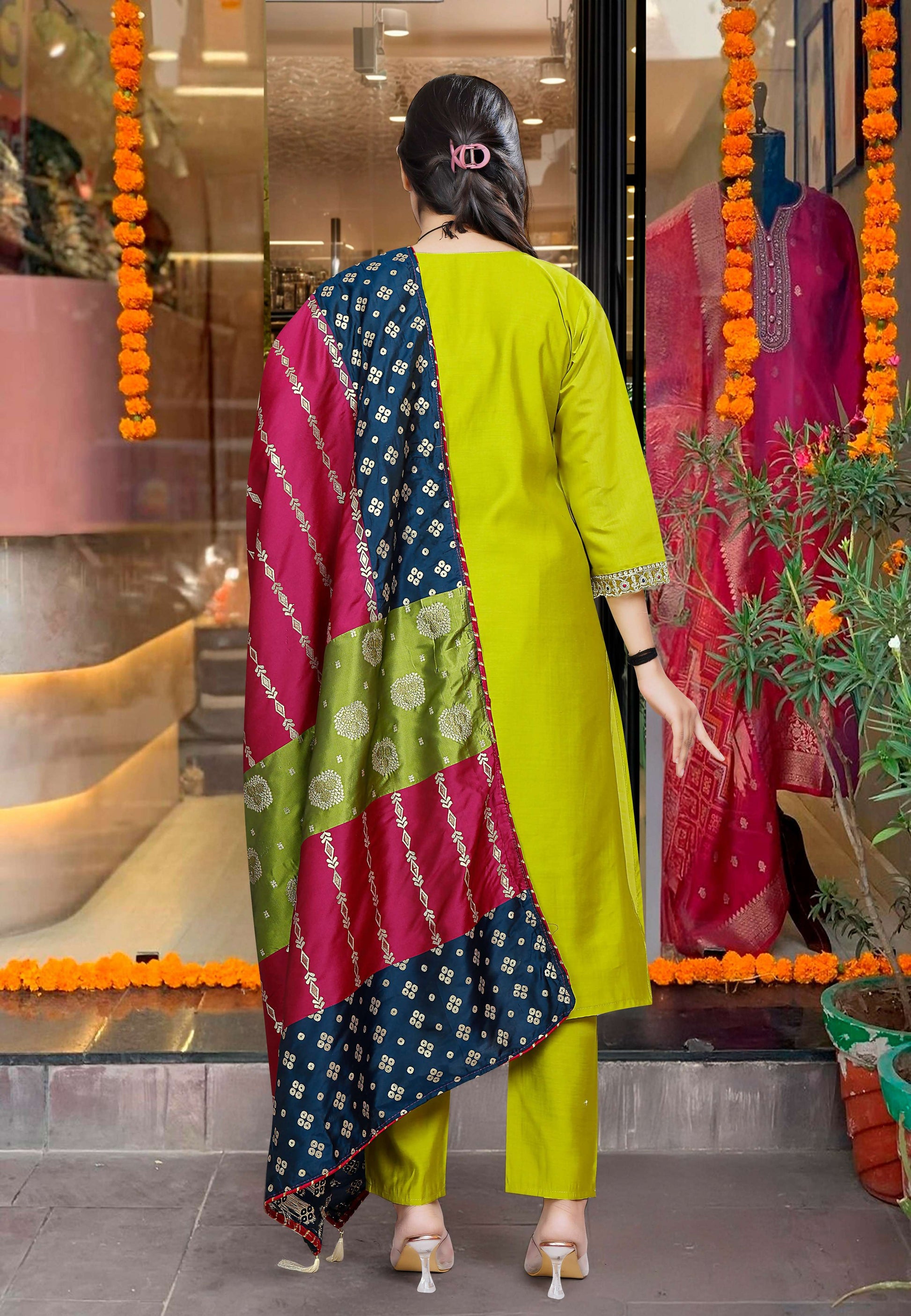 The52 Lemons Women's Gorgeous Embroidered Viscose Chanderi Fabric Straight Kurta Pant with Dupatta Set - Swadesiicart