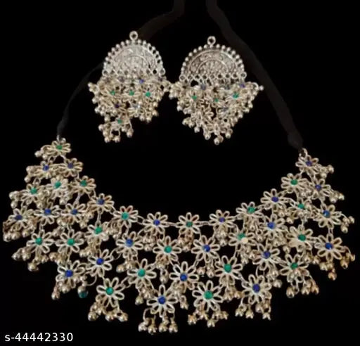Tehzeeb Creations Women's Silver Colour Oxidised Necklace And Earring With Multi Beads - Swadesiicart