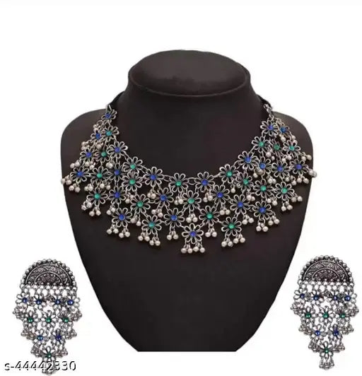 Tehzeeb Creations Women's Silver Colour Oxidised Necklace And Earring With Multi Beads - Swadesiicart