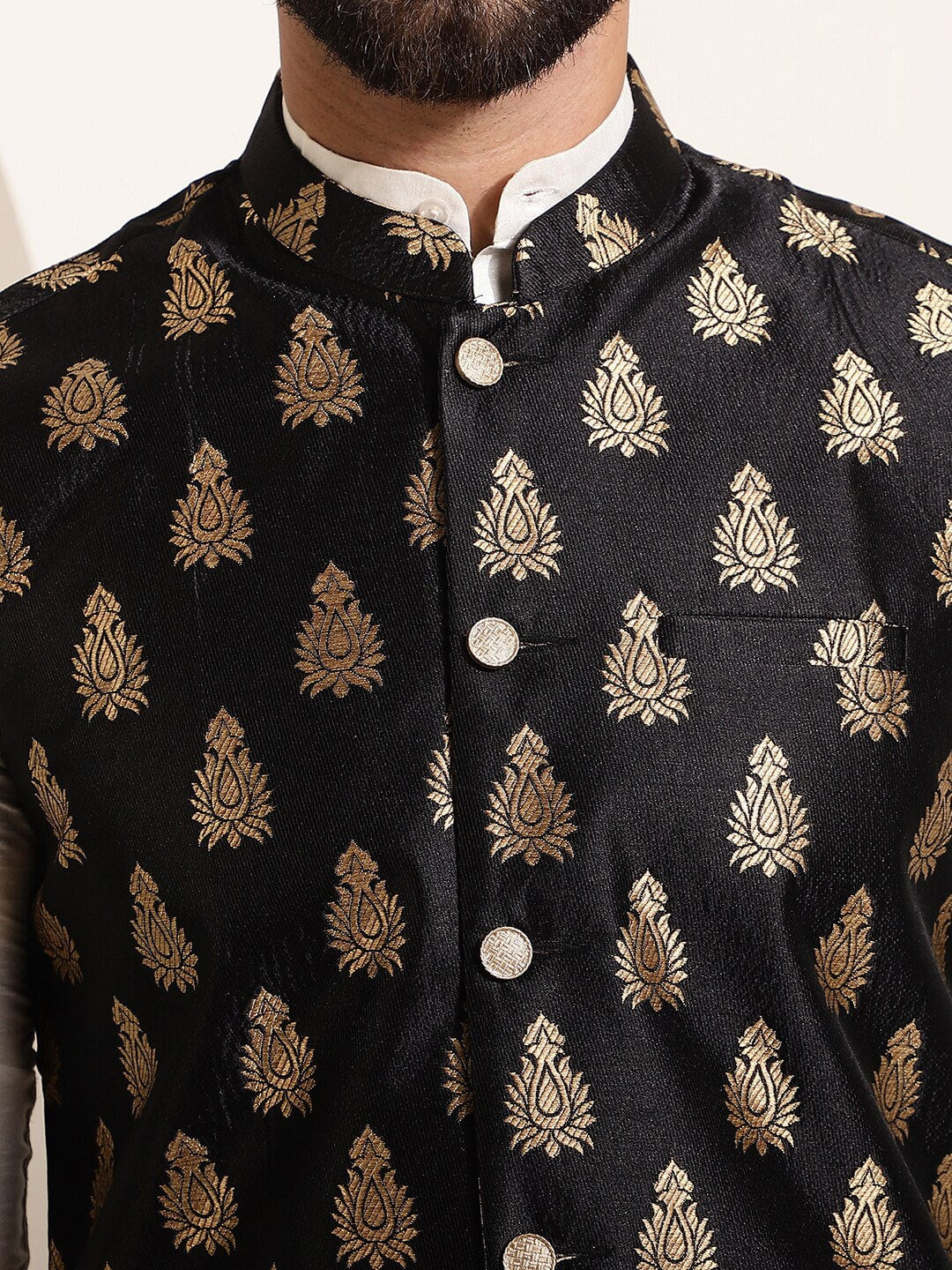 Sojanya Band Collar Straight Kurta & Churidar with Nehru jacket | Swadesiicart