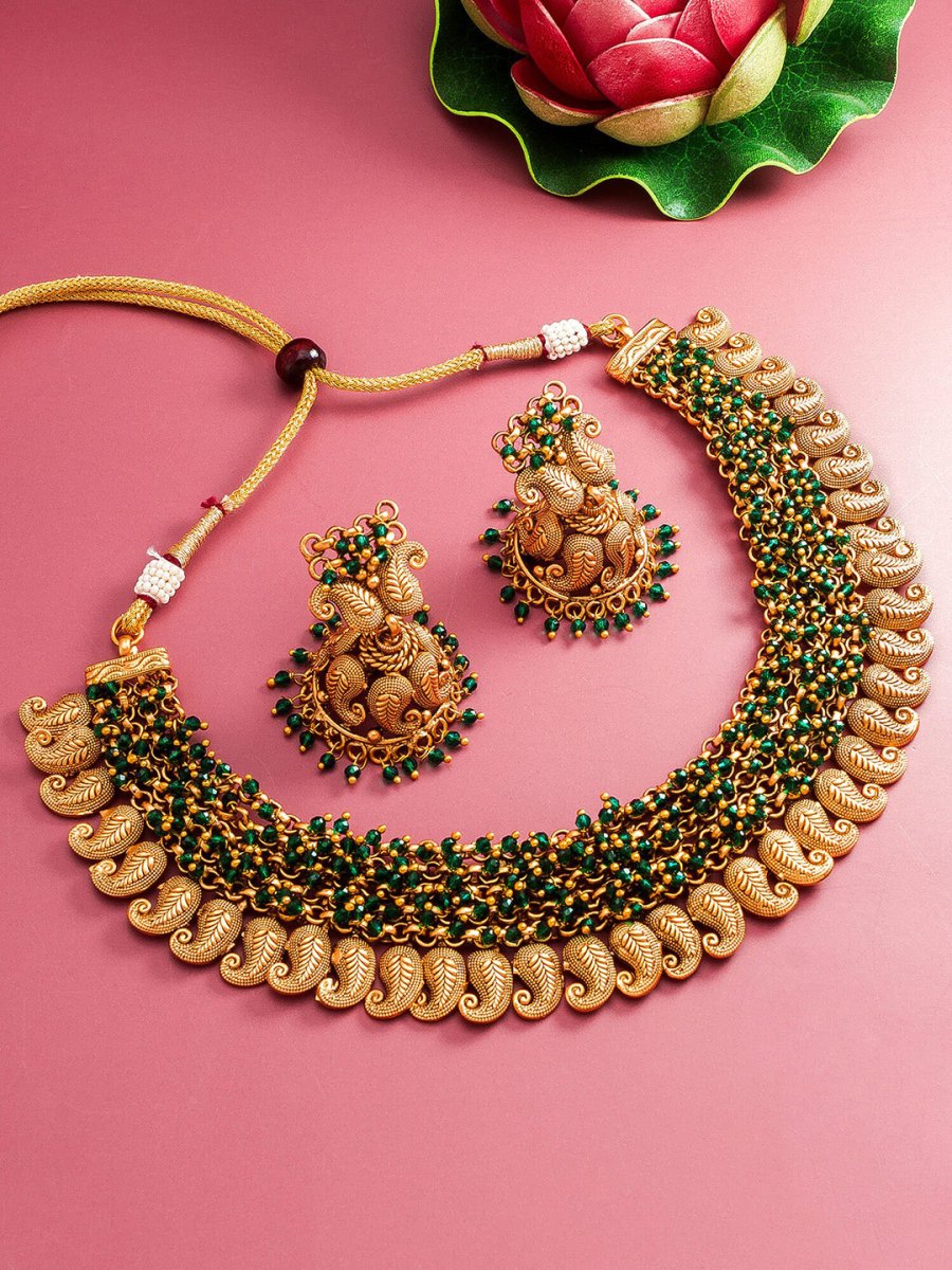 Aadita Gold-Polished Green Pearls Beaded Choker Jewellery Set | Swadesiicart