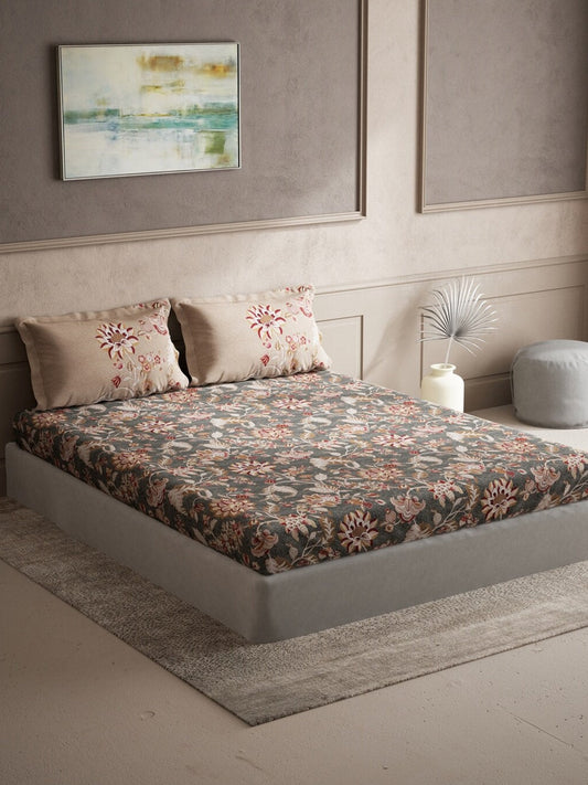 DDecor Grey & Maroon Ethnic Motifs 140 TC Cotton Queen Bedsheet with 2 Pillow Covers - Swadesiicart