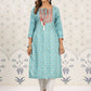 Ode by House of Pataudi Sea Green Ethnic Printed Tie-Up Neck Gotta Patti Straight Kurta - Swadesiicart