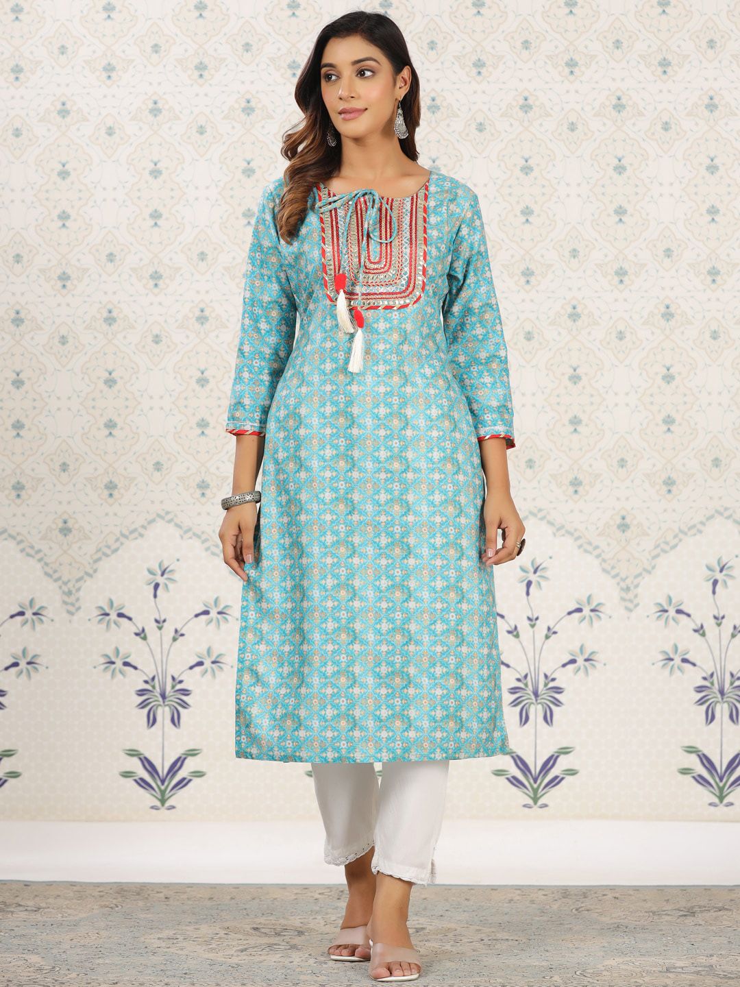Ode by House of Pataudi Sea Green Ethnic Printed Tie-Up Neck Gotta Patti Straight Kurta - Swadesiicart