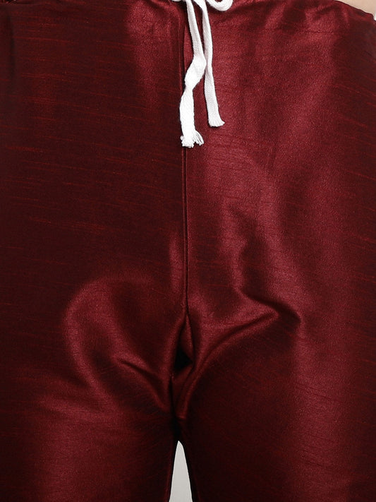Sojanya Men Maroon & Beige Solid Kurta with Churidar & Printed Nehru Jacket | Swadesiicart