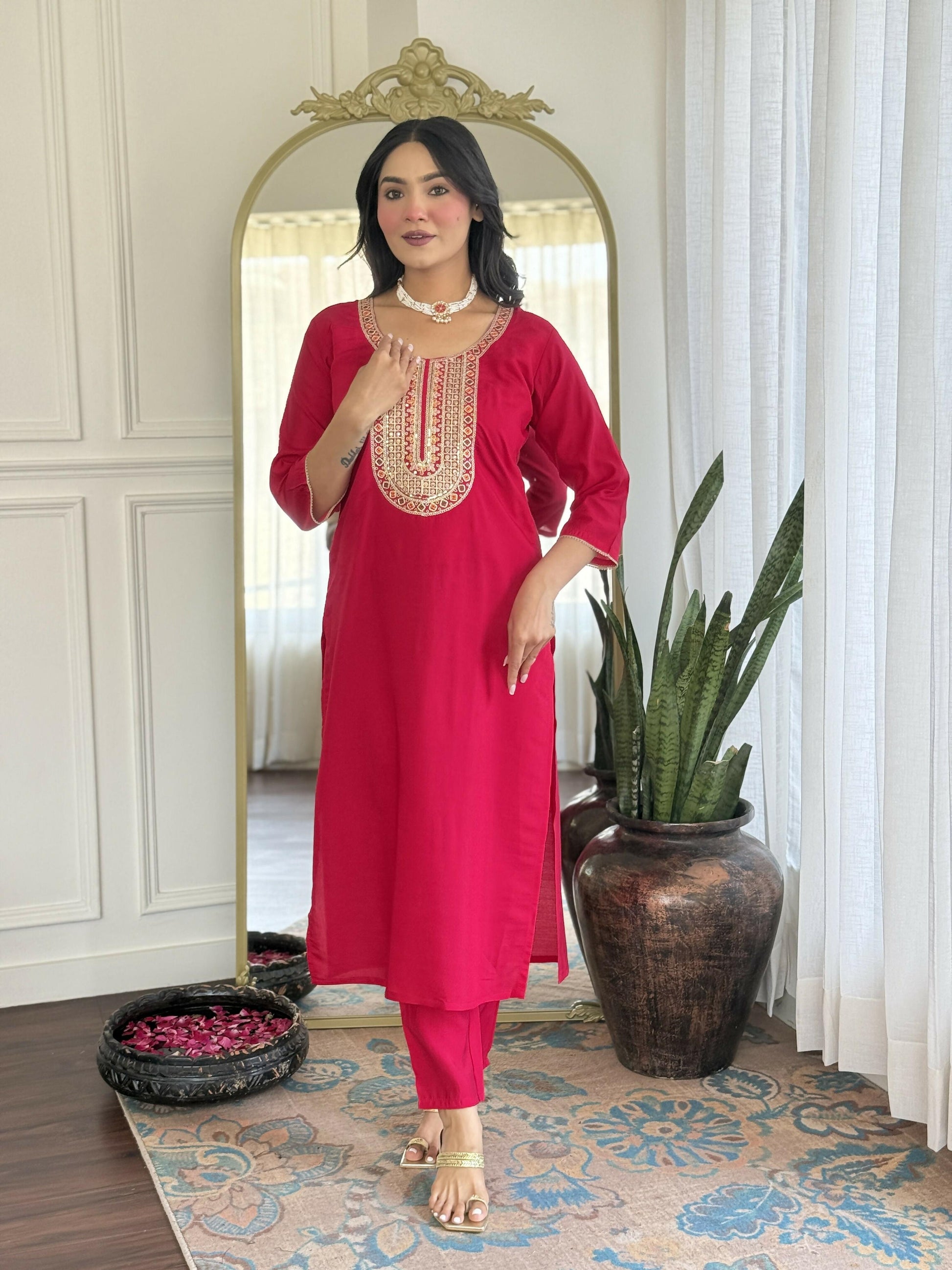 The52 Rani Gorgeous Embroidered Chanderi Silk Fabric Straight Kurta Pant with Dupatta Set - Swadesiicart