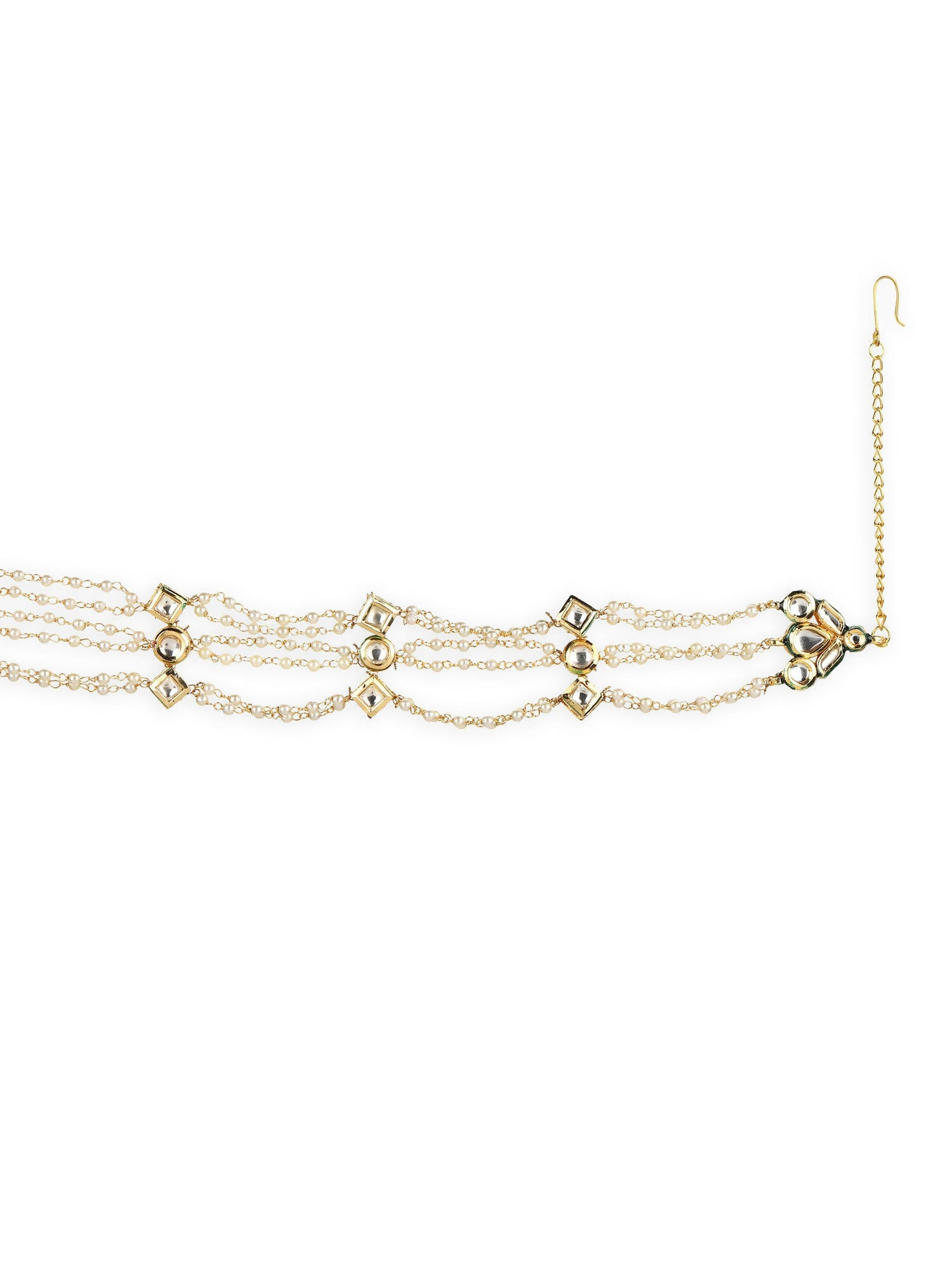 Gold-Polished White Kundan-Studded Pearl Head Chains - Ruby Raang | Swadesiicart