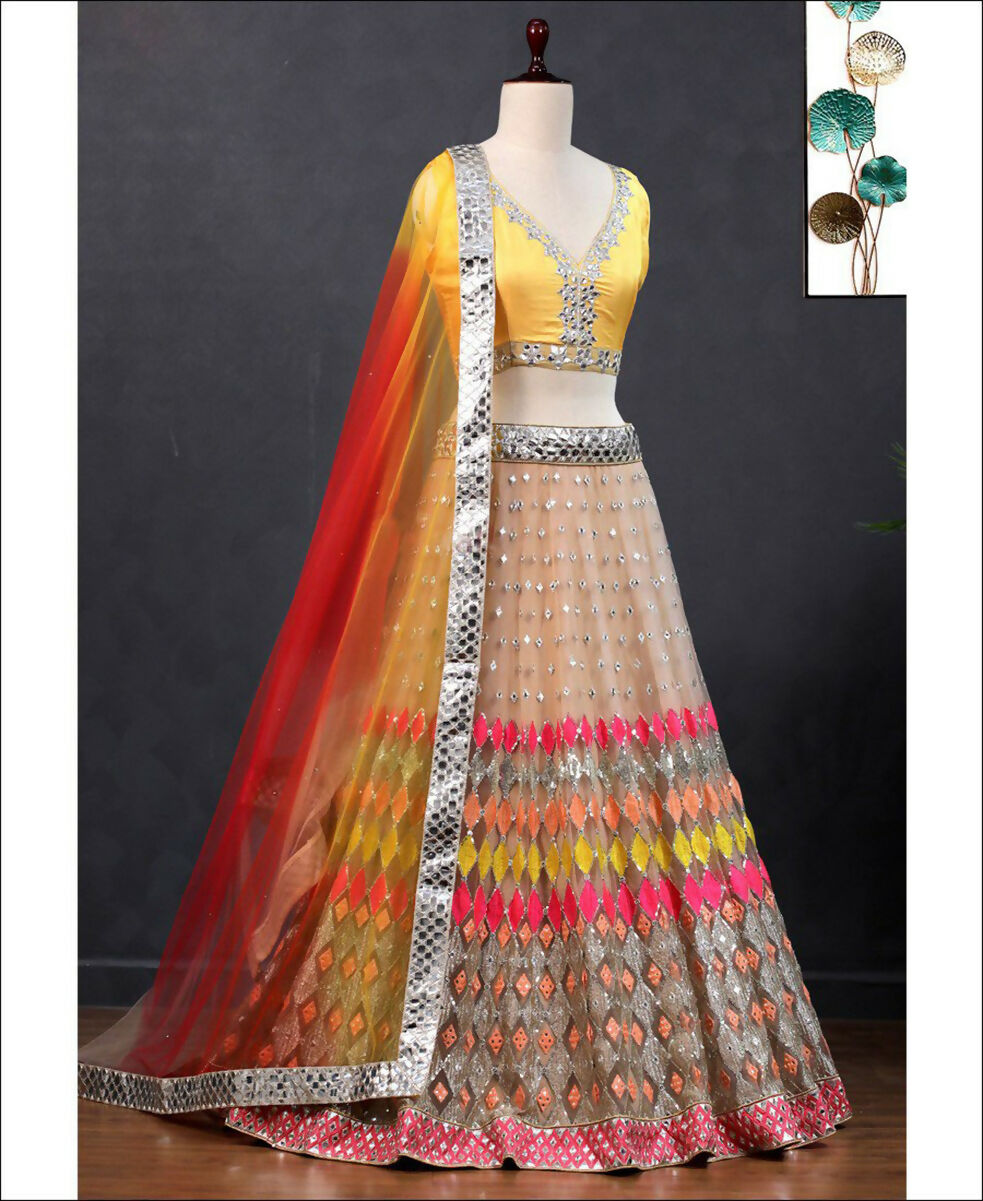 Jyoti Fashion Multicolor Mirror & Sequence Embroidery Butterfly Net Lehenga Choli with Dupatta | Swadesiicart