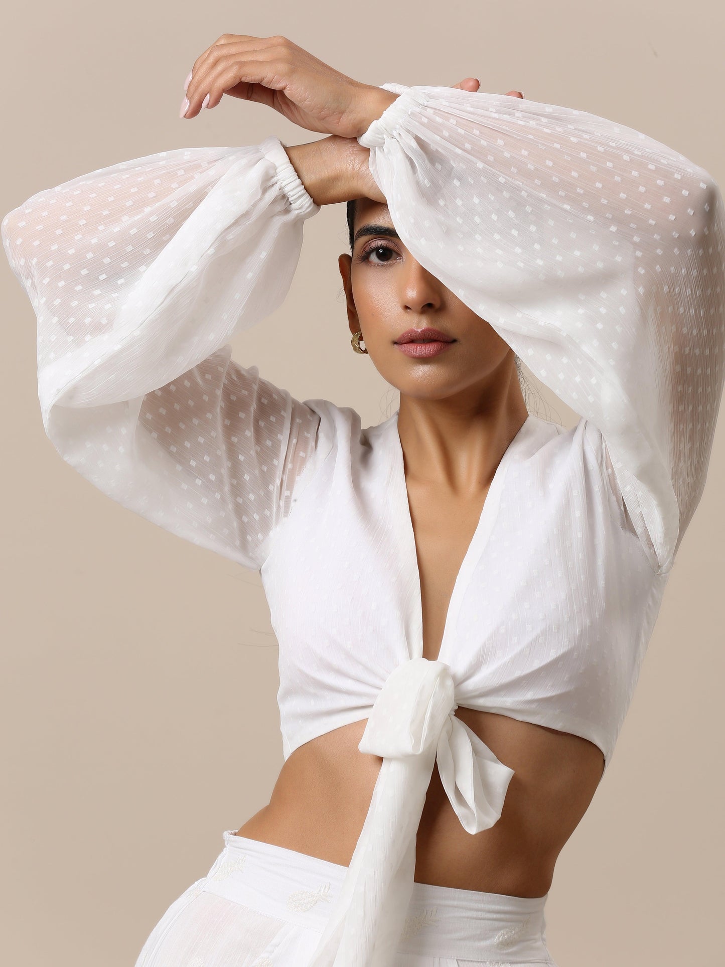 trueBrowns Chiffon White Dobby Tie Up Top | Swadesiicart