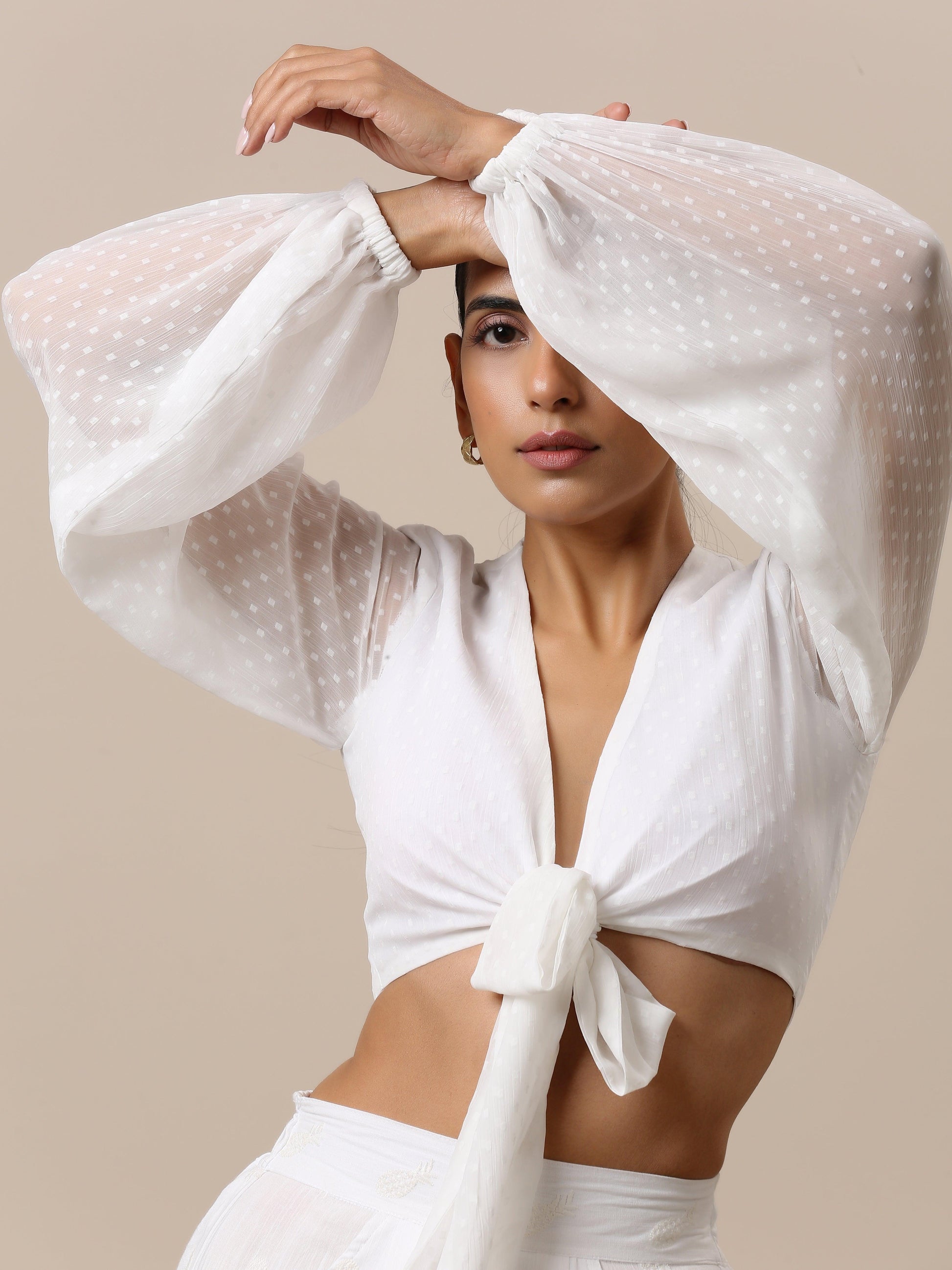 trueBrowns Chiffon White Dobby Tie Up Top | Swadesiicart
