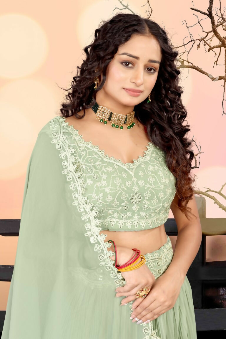 Jyoti Fashion Sea Green Two Tier Crush Georgette Lehenga Choli with Dupatta | Swadesiicart