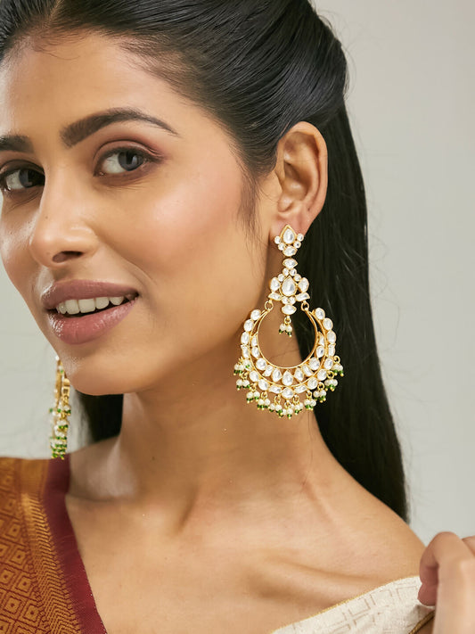 Nuyug 22K Gold-Plated Elegant Kundan Studded & Beaded Floral Chandbali Earrings | Swadesiicart